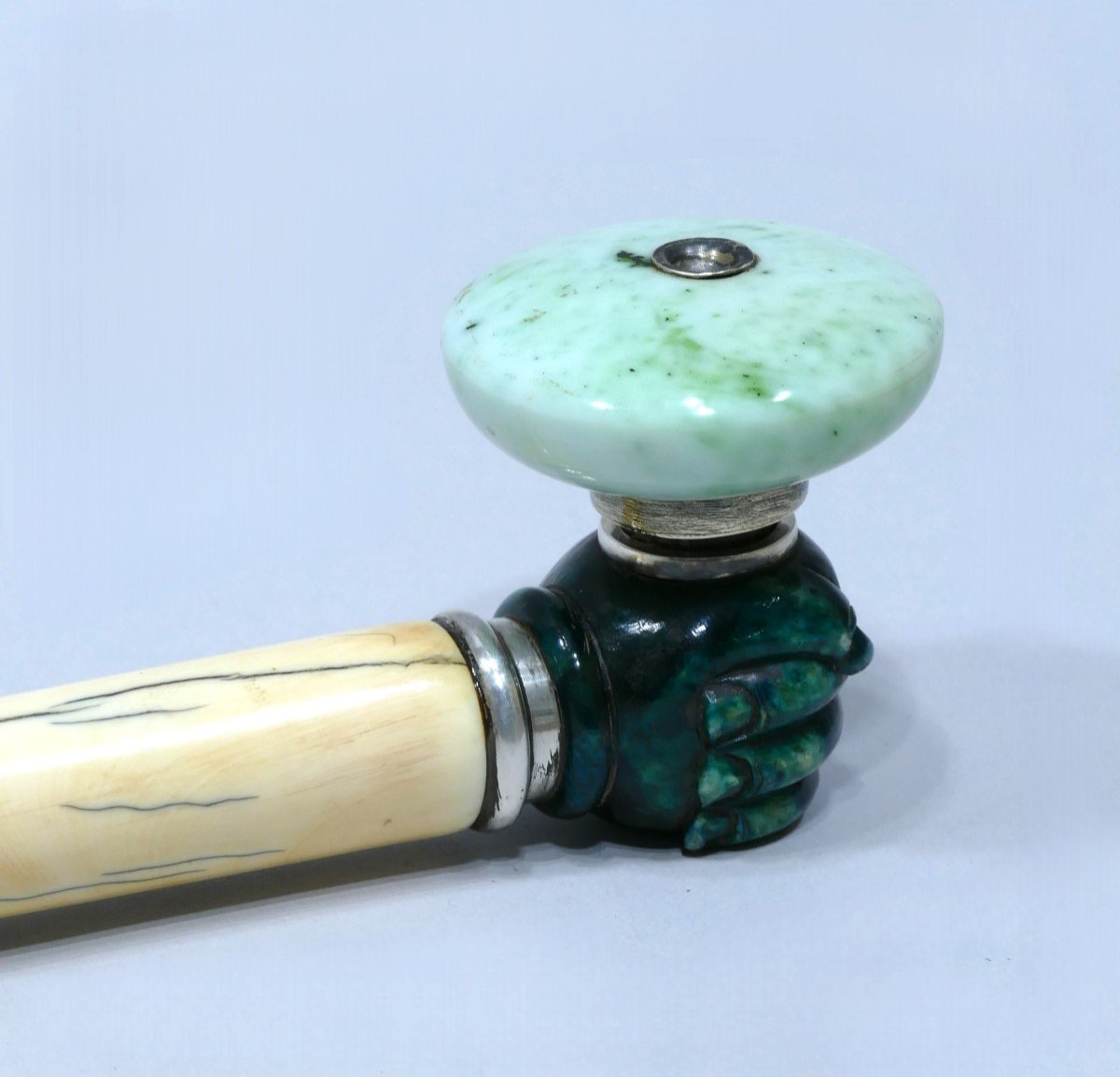 Pipe à Opium Courte En Ivoire, Malachite Et Jade Moucheté Datable Du 19ème Siècle-photo-3