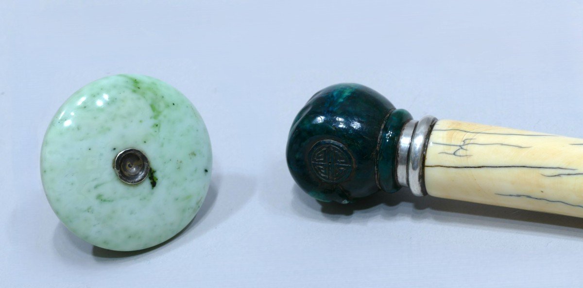 Pipe à Opium Courte En Ivoire, Malachite Et Jade Moucheté Datable Du 19ème Siècle-photo-4