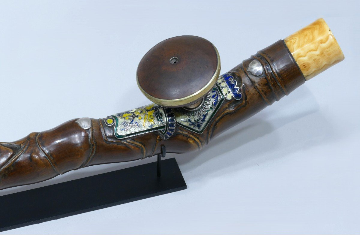 19th Centuryopium Pipe In Tormented Wood With Pretty Enamel Plaque-photo-2