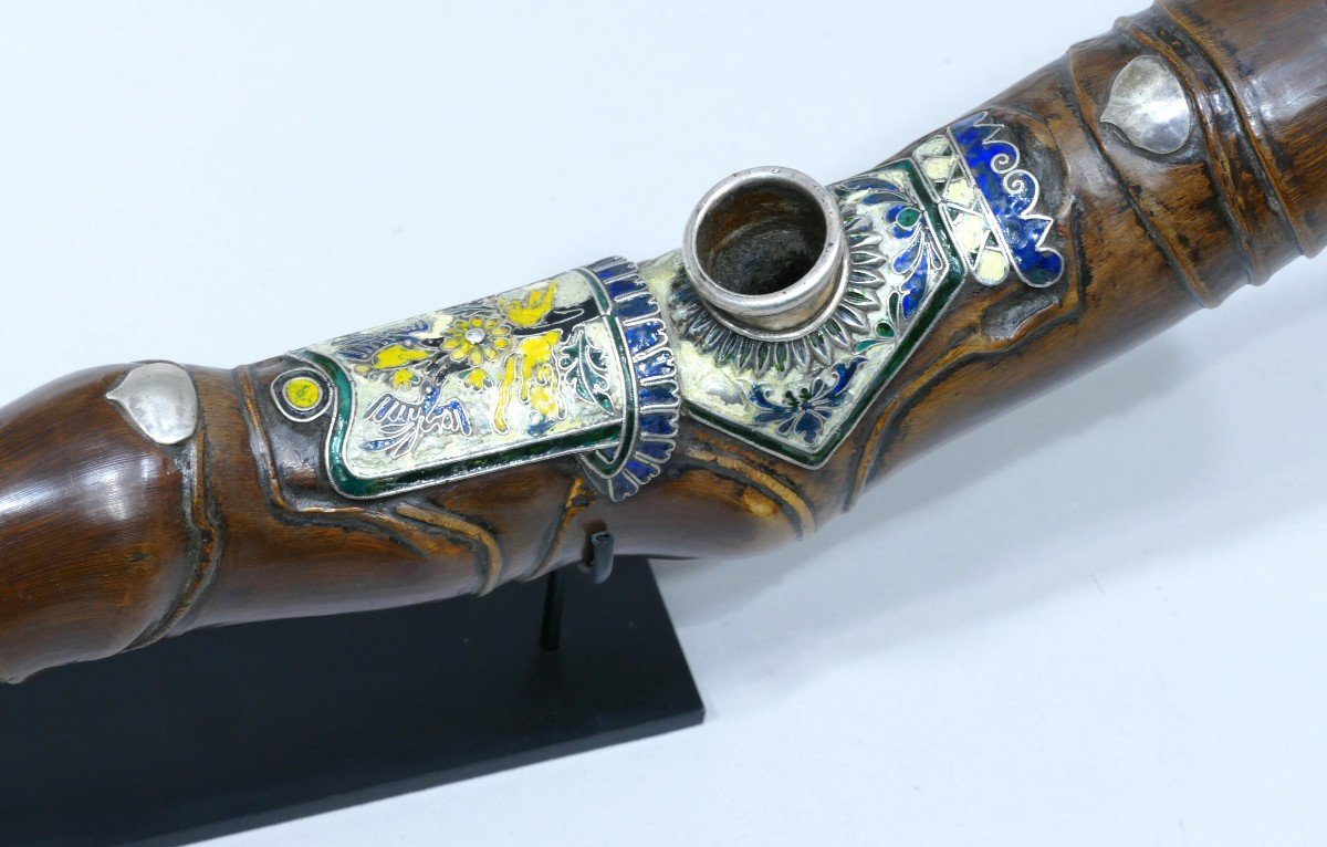 19th Centuryopium Pipe In Tormented Wood With Pretty Enamel Plaque-photo-3