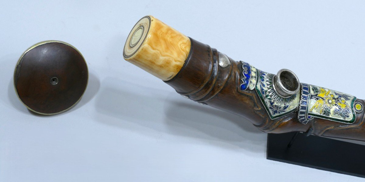 19th Centuryopium Pipe In Tormented Wood With Pretty Enamel Plaque-photo-2