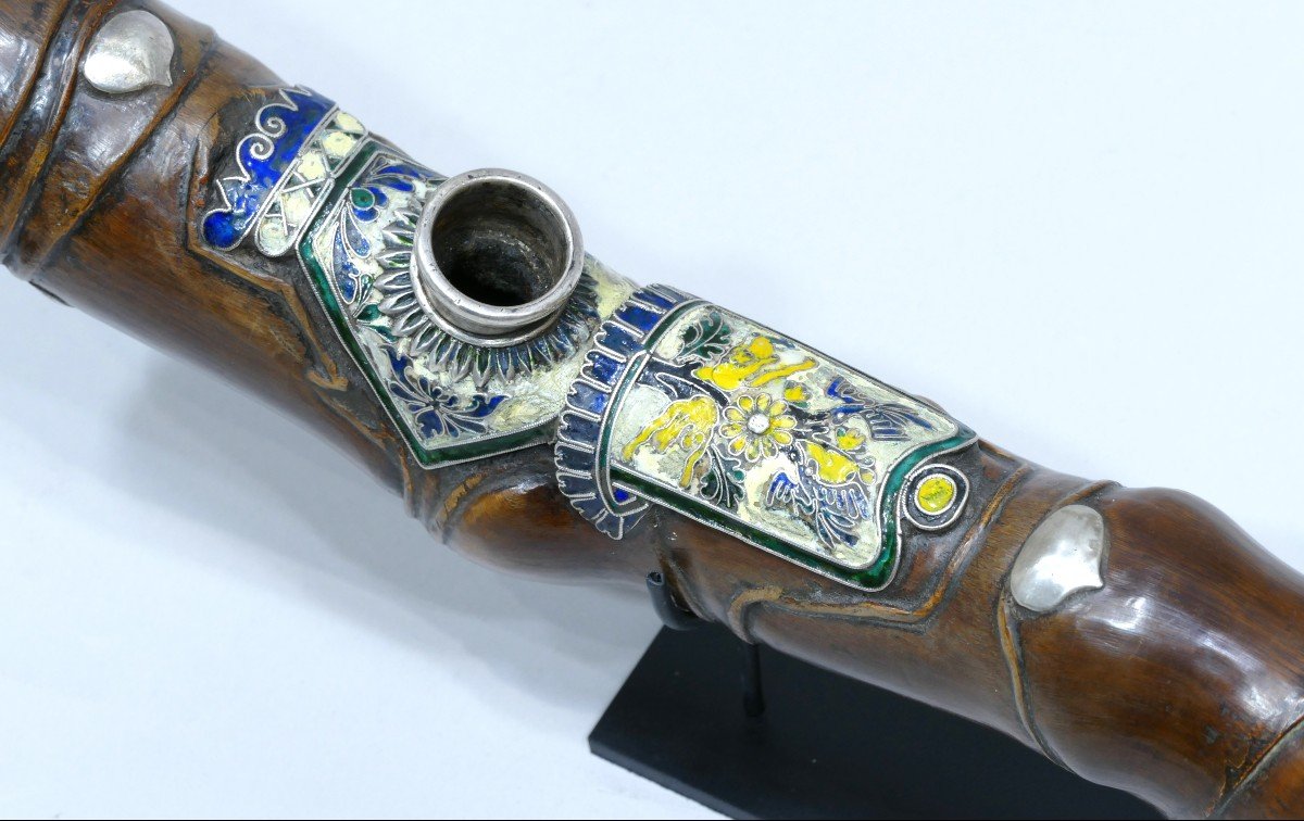 19th Centuryopium Pipe In Tormented Wood With Pretty Enamel Plaque-photo-3