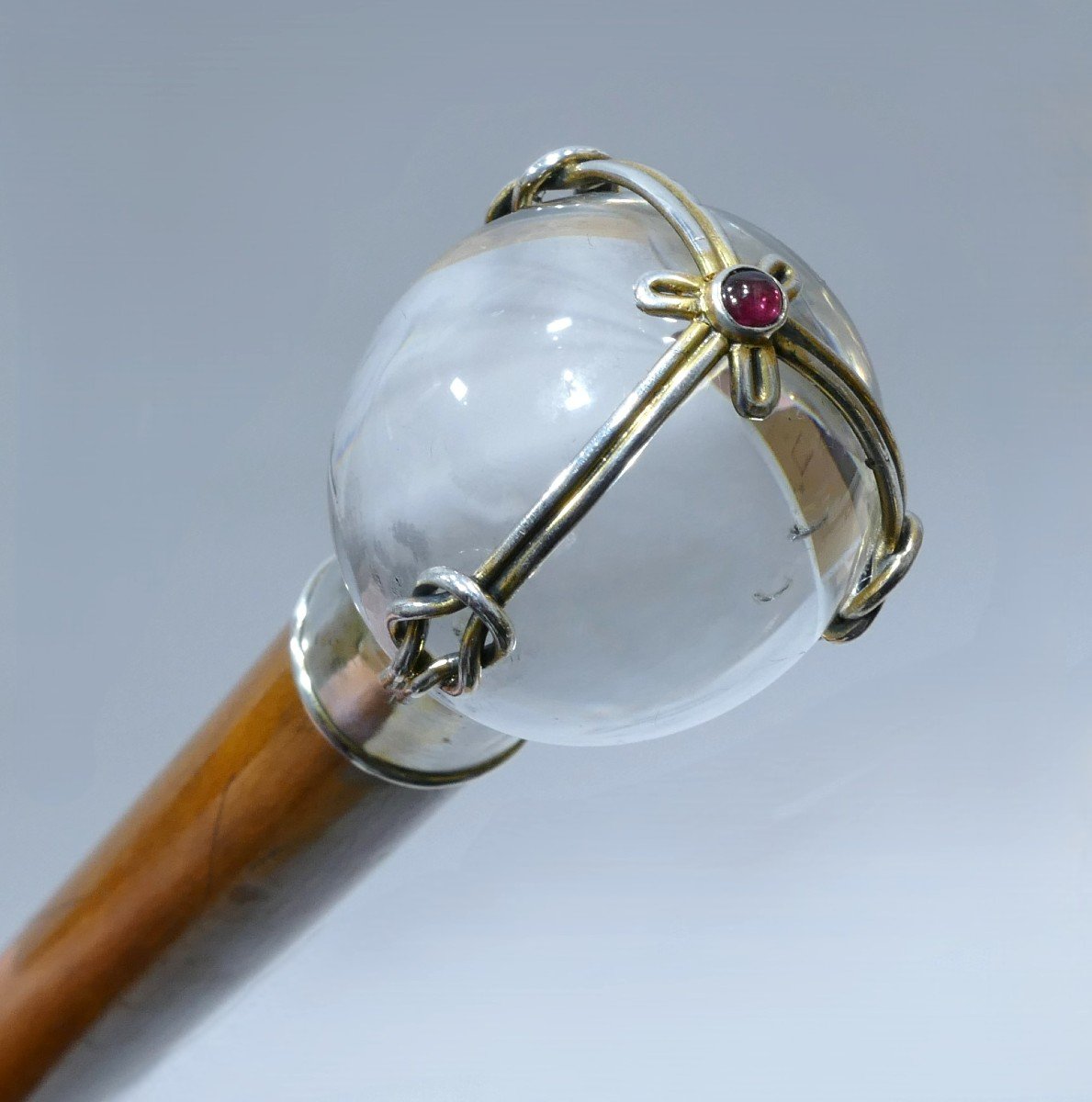 19th Century Great Cane With Beautiful Rock Crystal And Garnet Handle