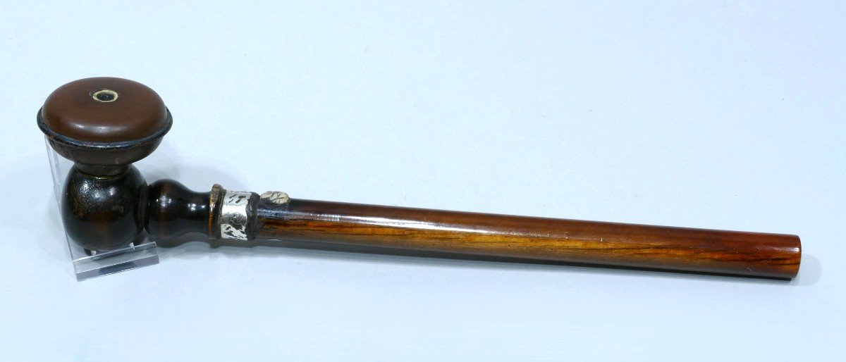 Short Opium Pipe In Horn And Ivory With A Heavily Patina, Dated To The 19th Century-photo-2