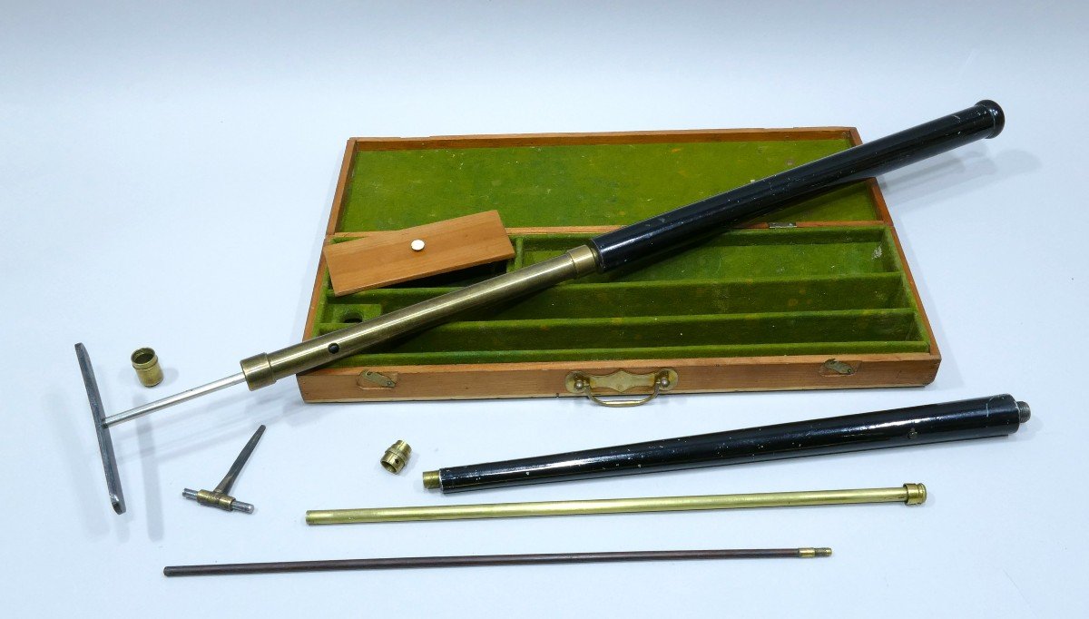 Very Rare Air Gun Defense Gadget Cane Contained In A Case In Wood And Green Fabric.-photo-2