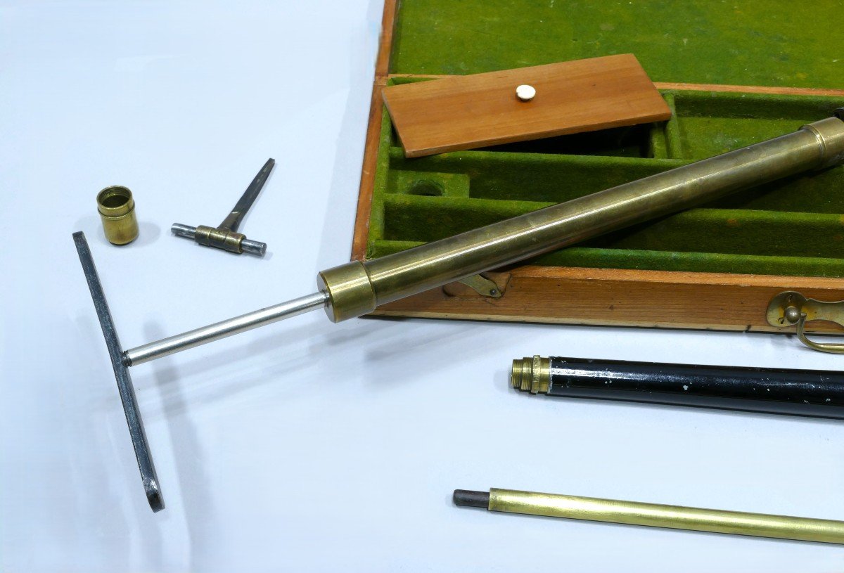 Very Rare Air Gun Defense Gadget Cane Contained In A Case In Wood And Green Fabric.-photo-4