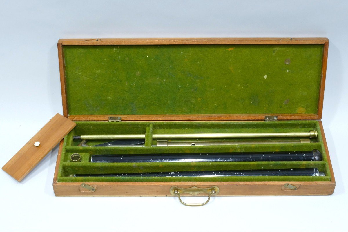 Very Rare Air Gun Defense Gadget Cane Contained In A Case In Wood And Green Fabric.-photo-4