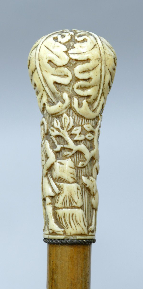 Cane With Ivory Handle Representing A Hunter And His Dogs Dated To The 19th Century-photo-4