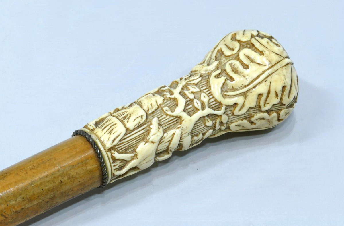 Cane With Ivory Handle Representing A Hunter And His Dogs Dated To The 19th Century-photo-1