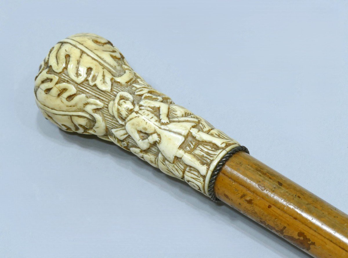 Cane With Ivory Handle Representing A Hunter And His Dogs Dated To The 19th Century-photo-2