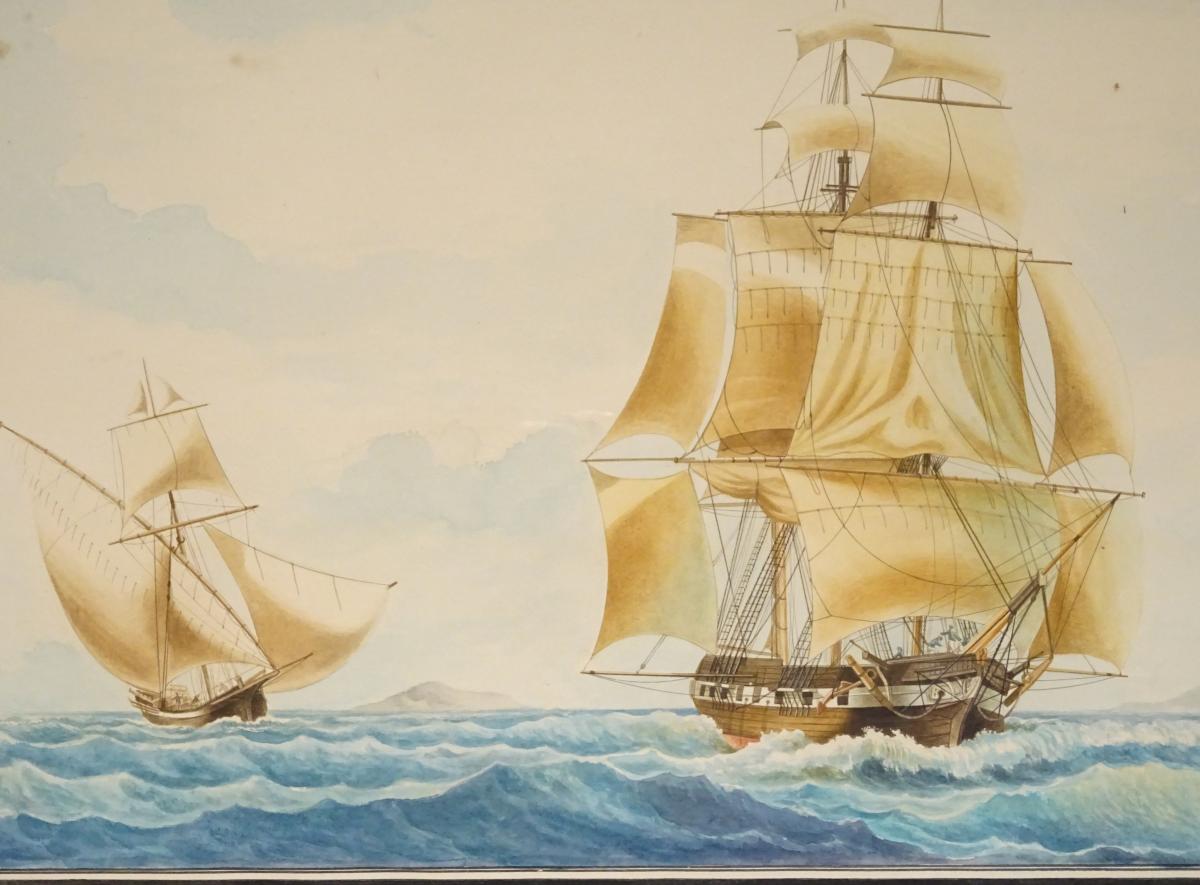 Watercolor Tartane Commerce Attributed To Mathieu Roux Fils-photo-2