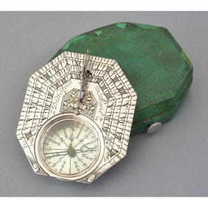 Silver Sundial Signed Butterfield In Paris In Its Green Shagreen Case