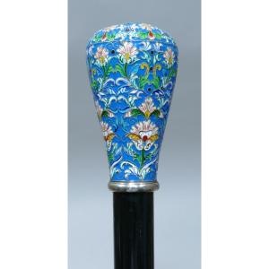 Collectible Cane With Superb Imposing Enamel Handle With Blue Dominance