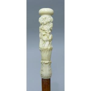 Collectible Cane With Ivory Handle Depicting A Stag And Two Does In The Forest.