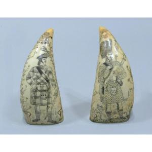 Pair Of 19th Century Sperm Whale Teeth Representing Two Scottish Men In Uniform