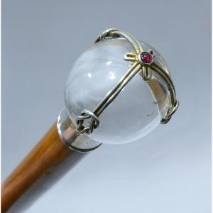 19th Century Great Cane With Beautiful Rock Crystal And Garnet Handle