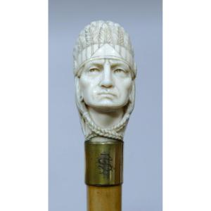 19th Century Collectible Cane With Magnificent Handle Depicting An Indian