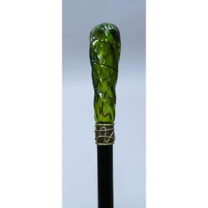 Canne d'époque Art Nouveau En Verre Vert De La Manufacture De Loetz