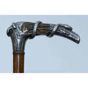 Cane With Antler And Silver Handle Representing A Coiled Serpent