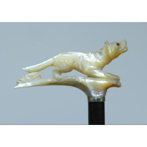 Collectible Cane With Rare Mother-of-pearl Handle On The Theme Of A Dog