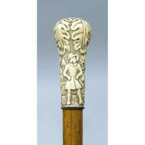 Cane With Ivory Handle Representing A Hunter And His Dogs Dated To The 19th Century