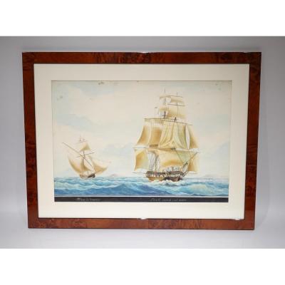 Watercolor Tartane Commerce Attributed To Mathieu Roux Fils