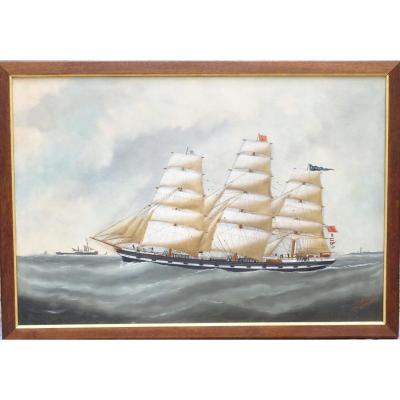 Huile sur toile représentant le 3 mâts barque Ravenscrag signé Edouard Adam Fils daté 1893