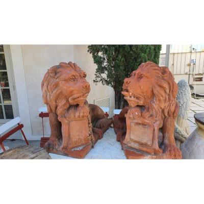 Pair Of Lions In Terracotta