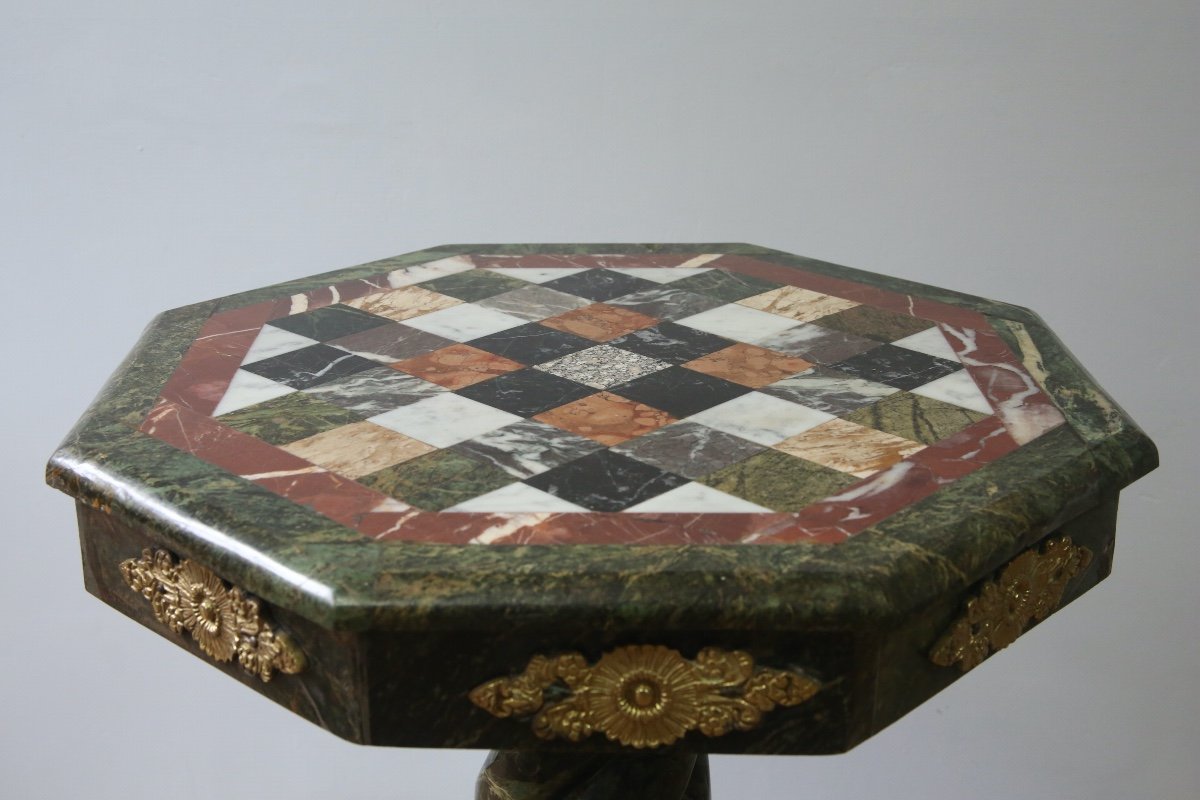 Pedestal Table In Green Marble And Empire Style Marble Marquetry-photo-2