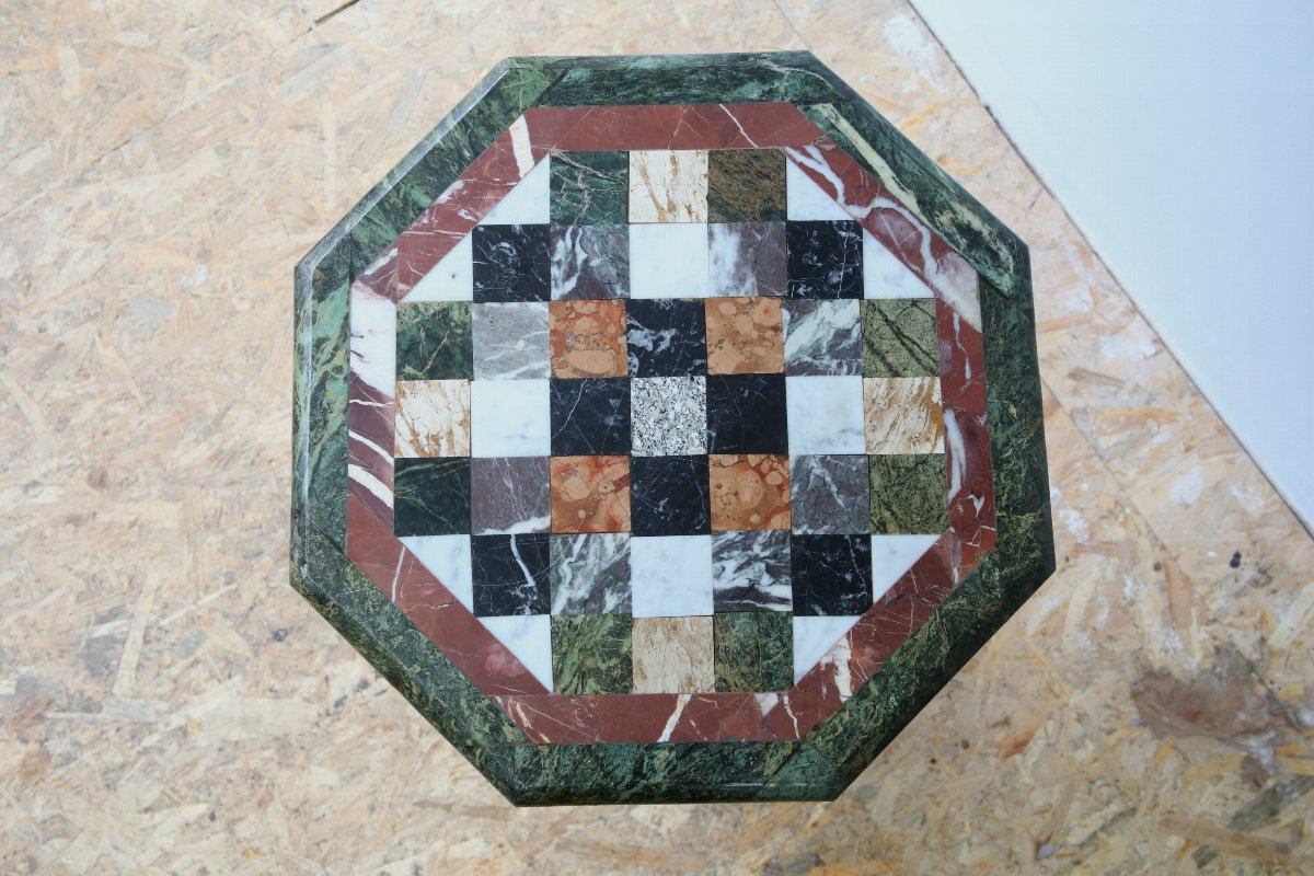 Pedestal Table In Green Marble And Empire Style Marble Marquetry-photo-2