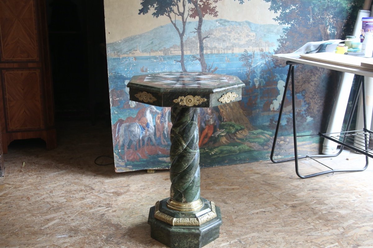 Pedestal Table In Green Marble And Empire Style Marble Marquetry-photo-3