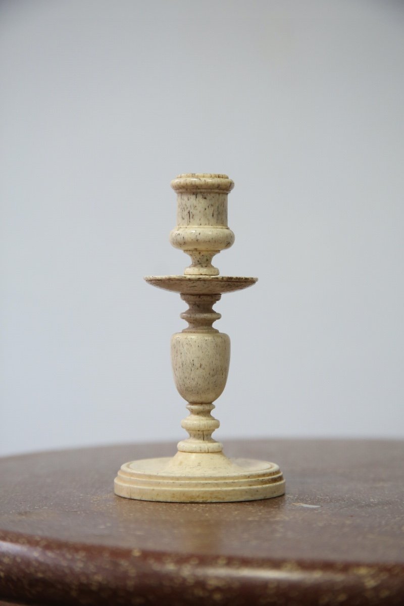 Pair Of Small Candlesticks In Turned Bone, 19th Century-photo-4