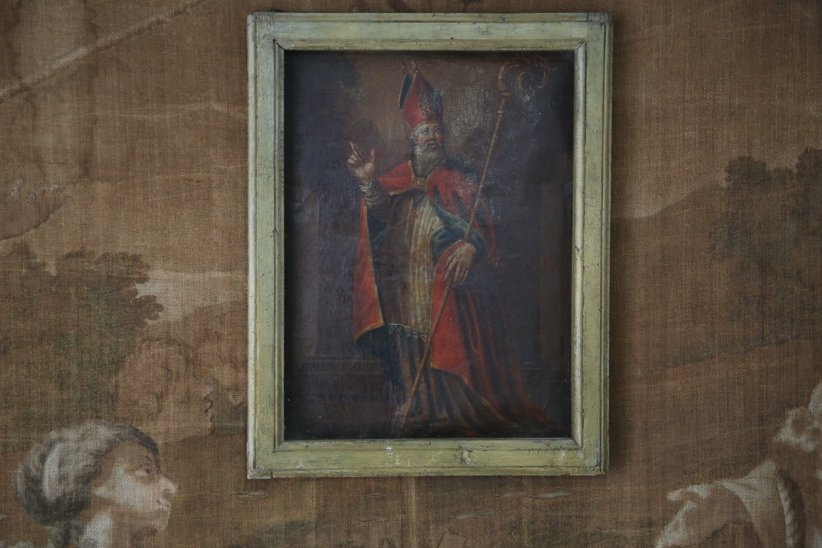 Cuir Peint - Fragment d'Antependium évêque St Martin XVIIIème siècle-photo-2