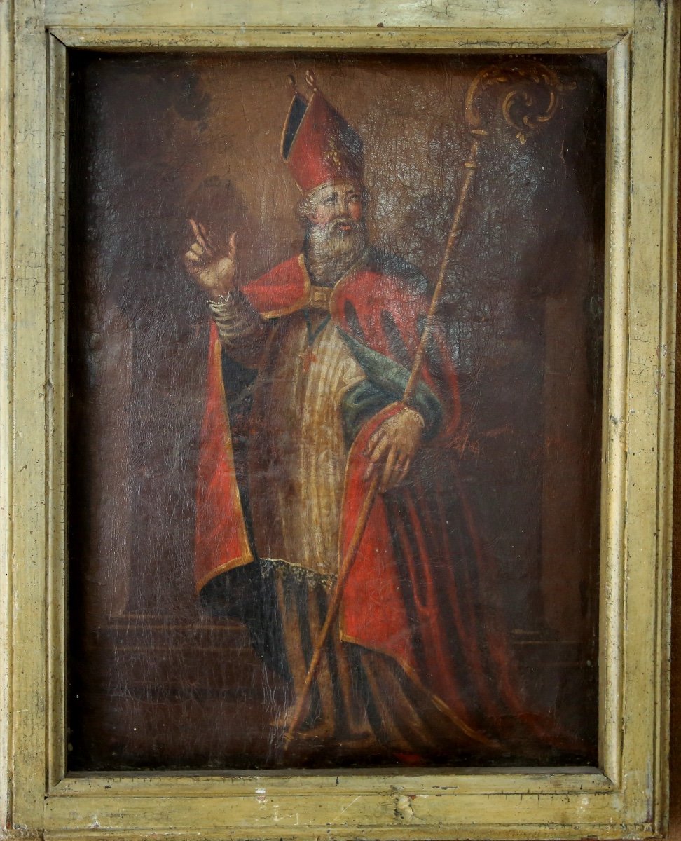 Cuir Peint - Fragment d'Antependium évêque St Martin XVIIIème siècle-photo-3