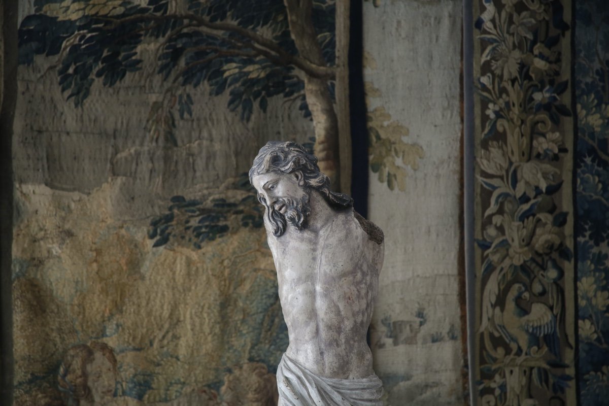 Grand Christ en Bois Sculpté Polychrome, Fin Du XVIIème Siècle.-photo-3