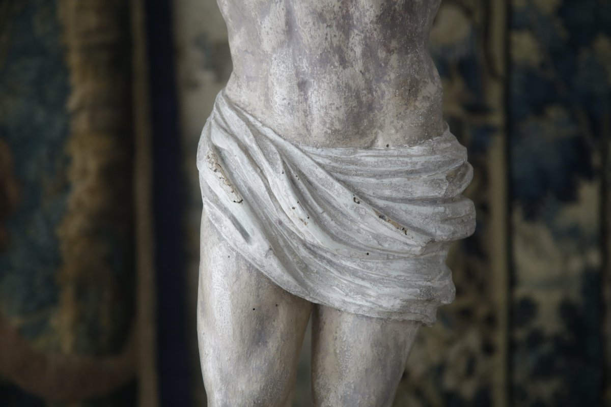 Grand Christ en Bois Sculpté Polychrome, Fin Du XVIIème Siècle.-photo-3