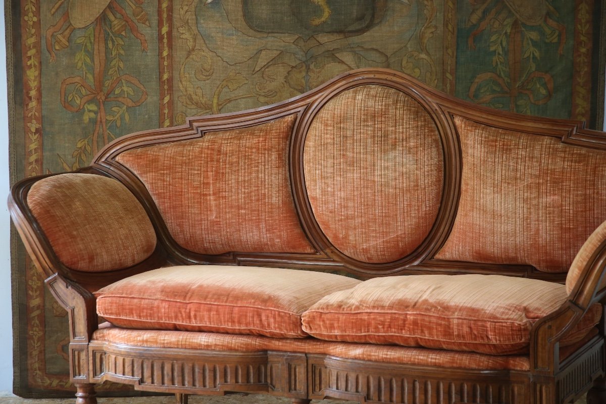 Sofa/bench With Molded Walnut Frame, Italy, 18th-19th Century-photo-3