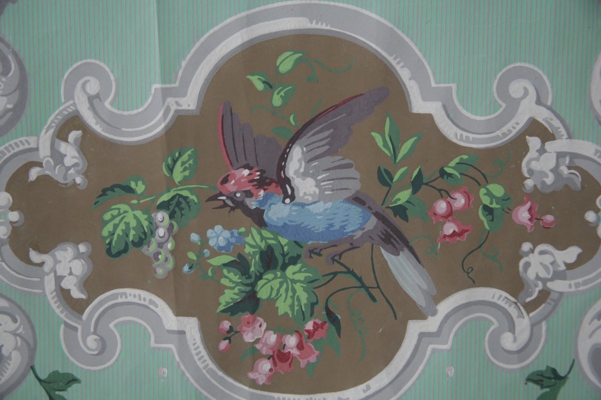 Lé de papier peint oiseaux et fleurs XIXe - « vert fin et gris »-photo-3