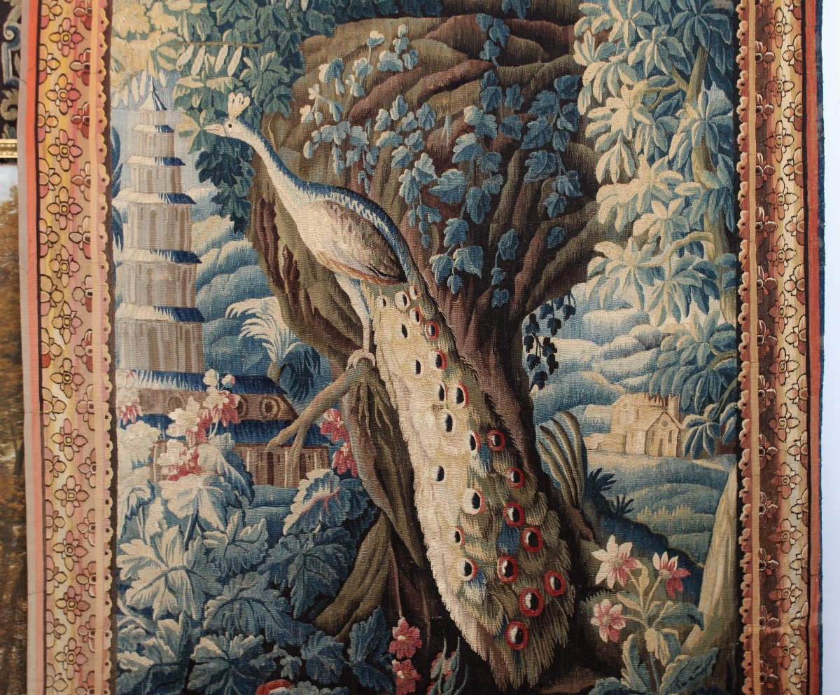 Tapisserie d'Aubusson "Paysage exotique au paon et à La pagode" XVIIIe."-photo-2