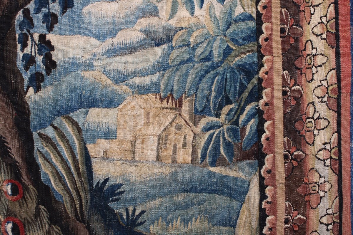 Tapisserie d'Aubusson "Paysage exotique au paon et à La pagode" XVIIIe."-photo-4