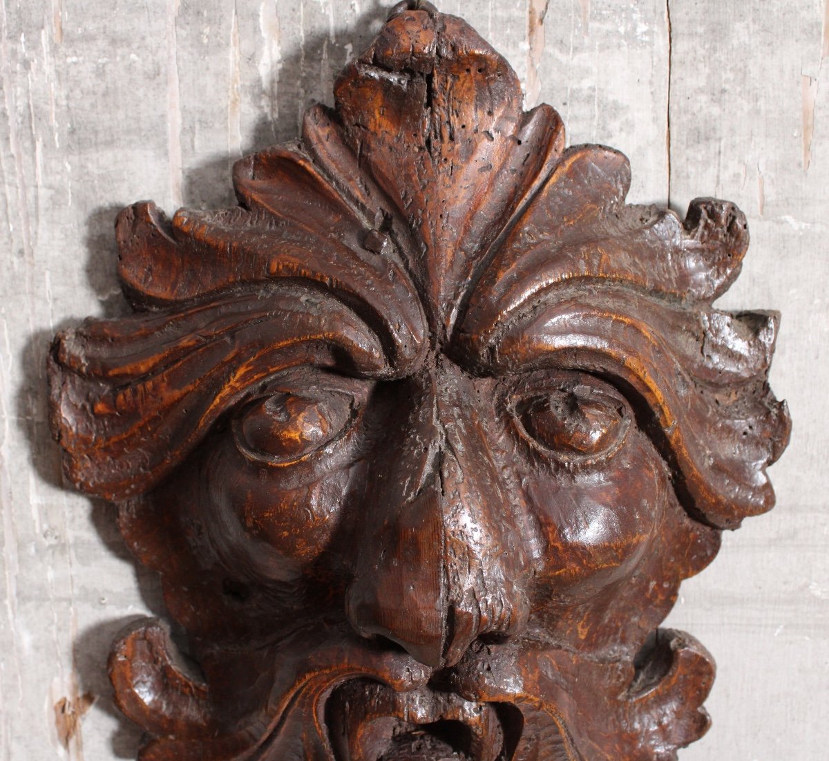  Mascaron "masque Feuillu" En Bois Sculpté, XVIIème Siècle-photo-2