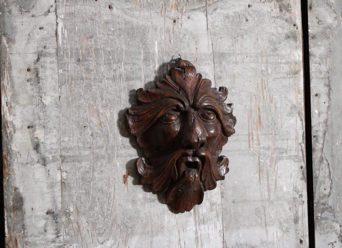  Mascaron "masque Feuillu" En Bois Sculpté, XVIIème Siècle-photo-3