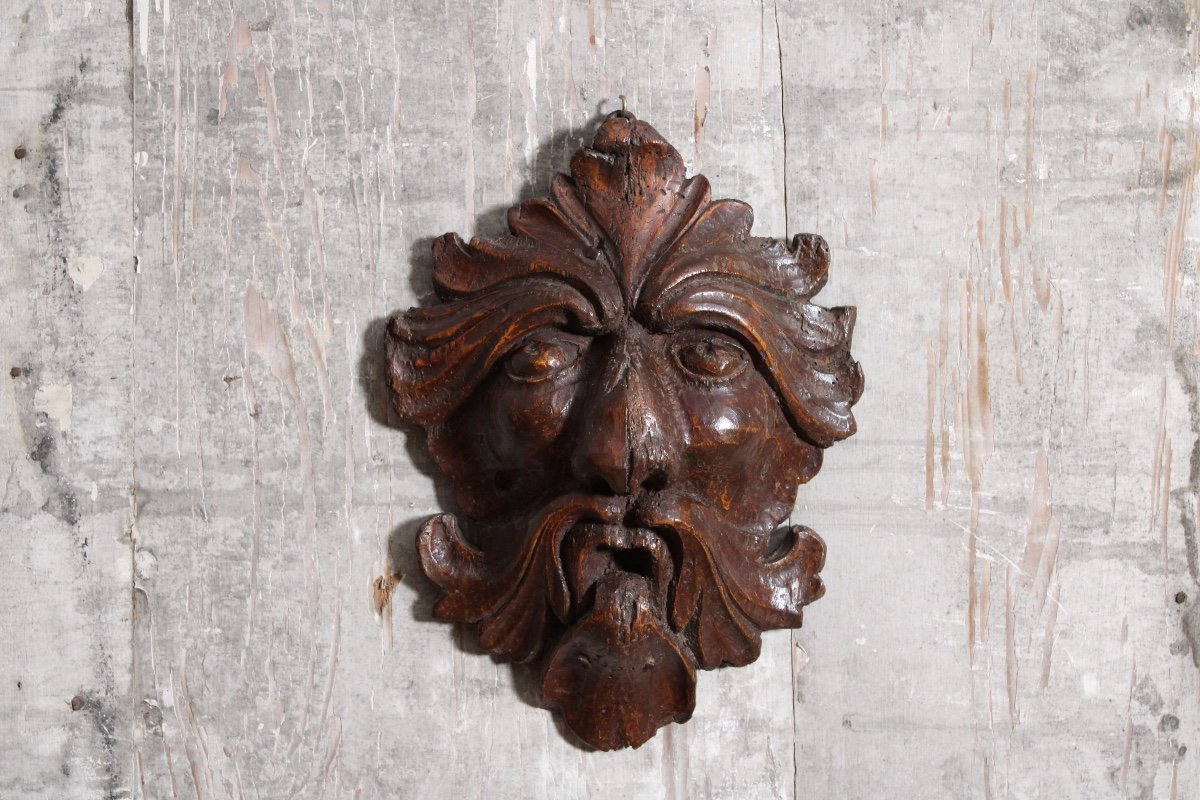  Mascaron "masque Feuillu" En Bois Sculpté, XVIIème Siècle-photo-4