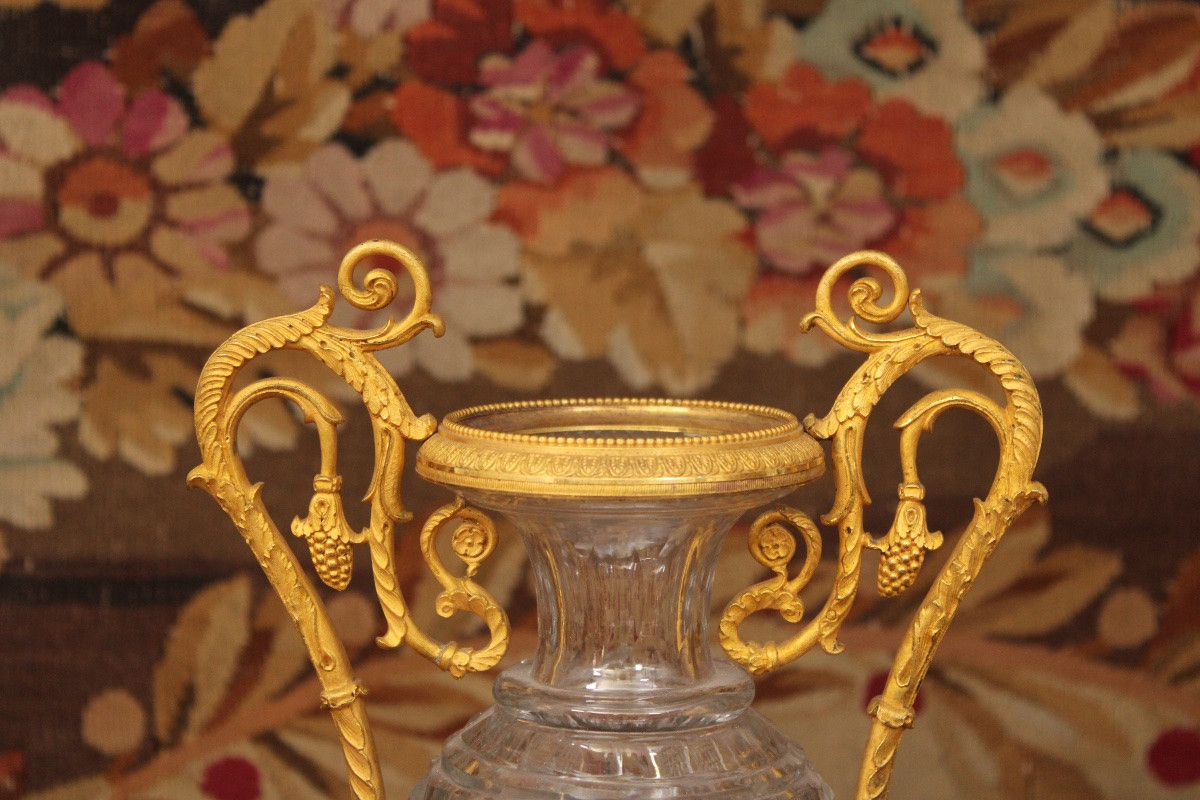 Pair Of Crystal Vases Mounted On A Gilt Bronze Base, 19th Century. -photo-3