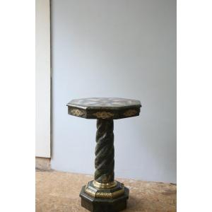 Pedestal Table In Green Marble And Empire Style Marble Marquetry