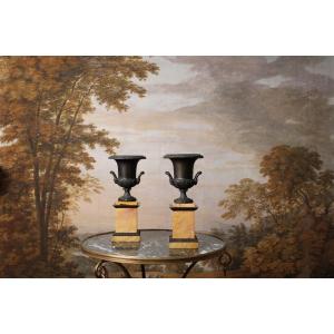 Pair Of Medici Vases In Patinated Bronze, 19th Century