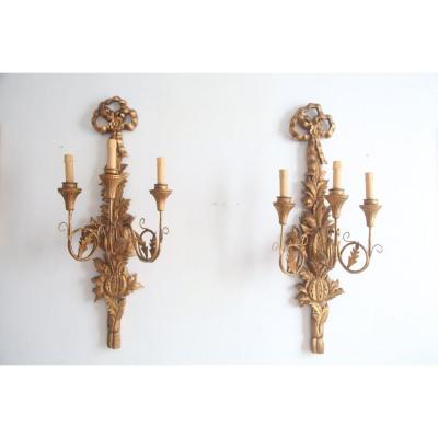 Pair Of Wall Lamp In Golden Wood Louis XVI Style