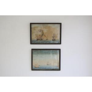 paire d'aquarelles , marines du début du XIXème siècle