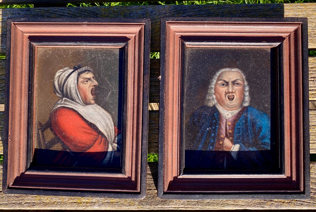 Astonishing Pair Of Small Burlesque Portraits: Italian Comedy. Eighteenth Century.-photo-4