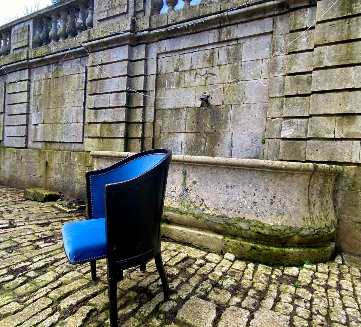 Original  "Strapontin gondole"Théâtre -Velours Bleu Et Bande De Clous Lentille . XX E Siècle-photo-3